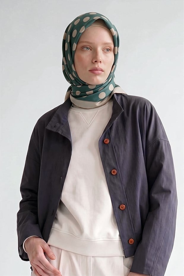 Turkuaz Puantiyeli Twill İpek Eşarp