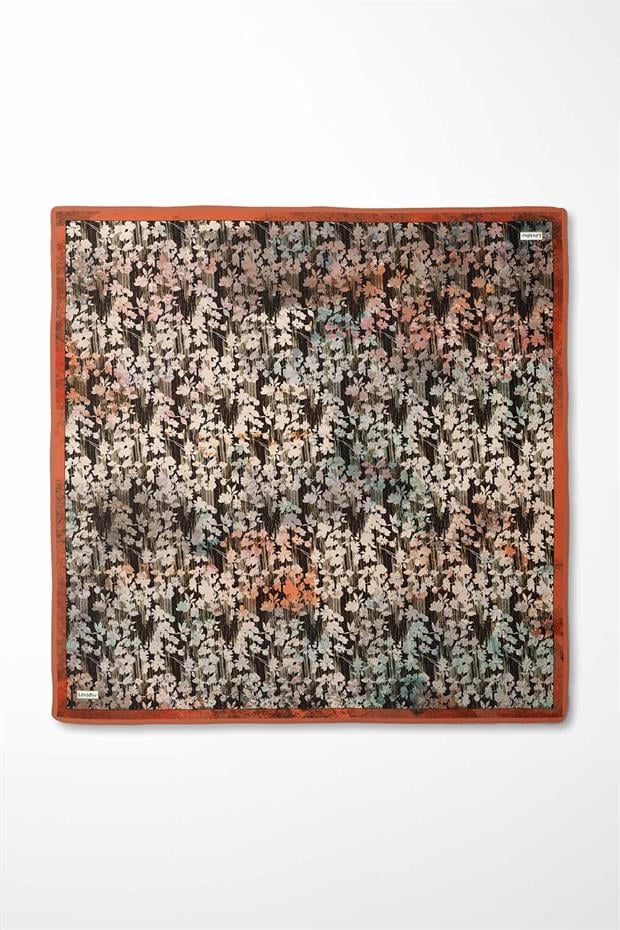 Turuncu Çiçekli Soyut Desen Twill İpek Eşarp