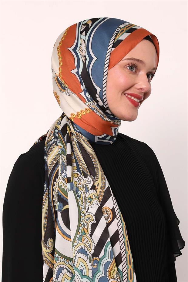 Turuncu Çizgili Hint İpeği Şal