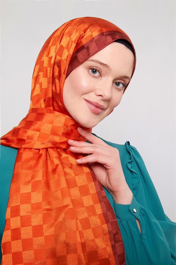 Turuncu Dama Desen Monogram Şal