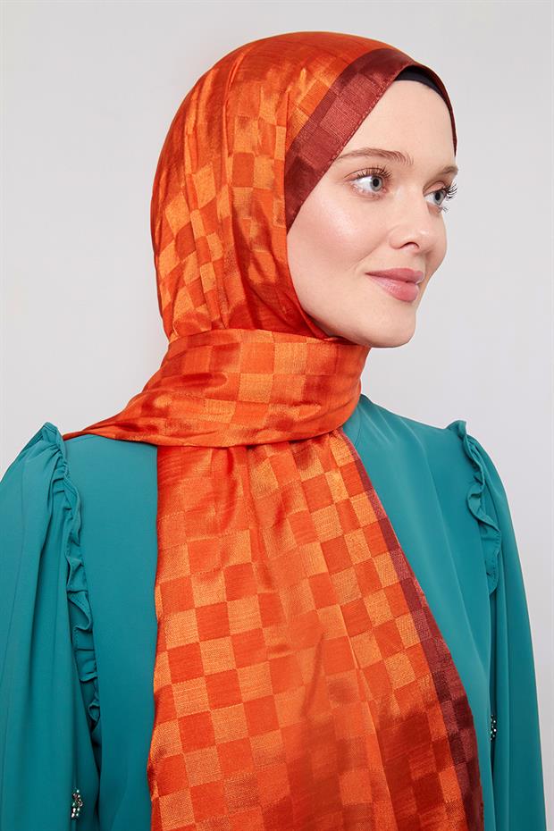 Turuncu Dama Desen Monogram Şal
