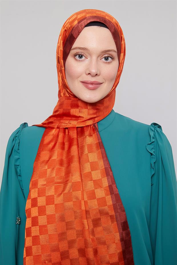 Turuncu Dama Desen Monogram Şal