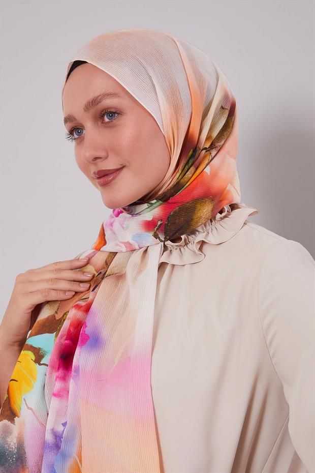 Turuncu Ebruli Desen Pamuk Şal