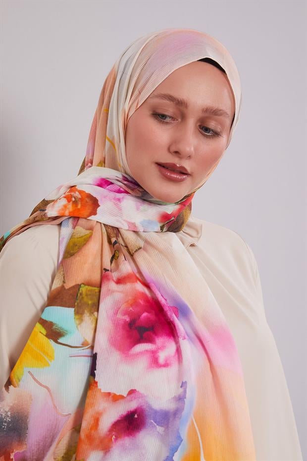 Turuncu Ebruli Desen Pamuk Şal