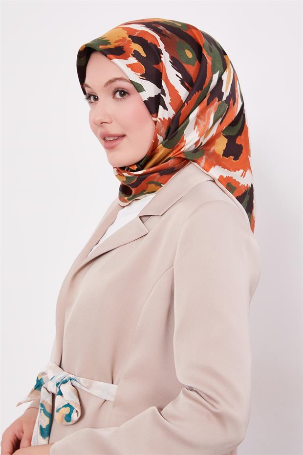 Turuncu Kamuflaj Desen Twill İpek Eşarp