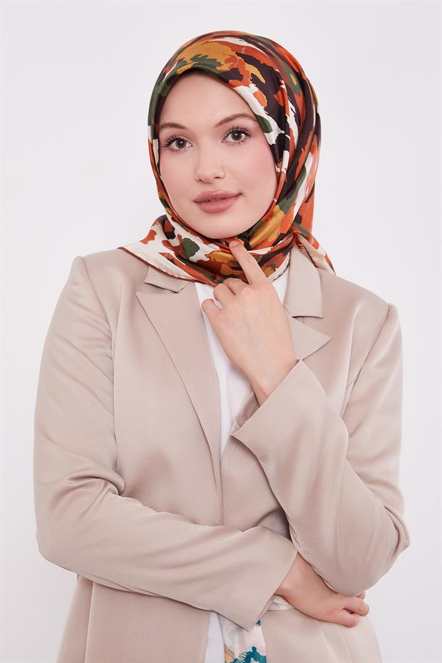 Turuncu Kamuflaj Desen Twill İpek Eşarp