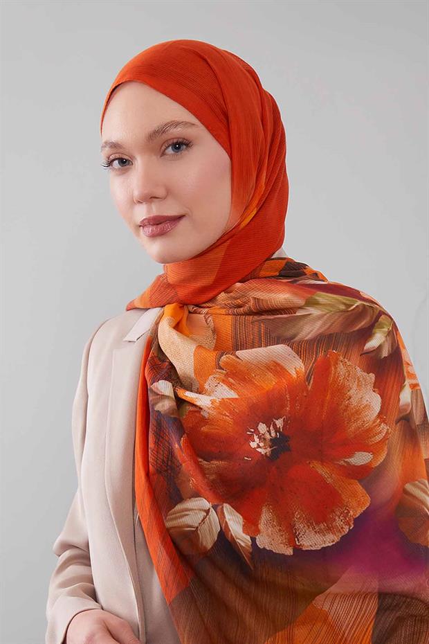 Turuncu Karışık Çiçek Desen Pamuk Şal