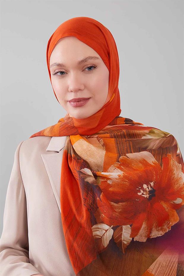 Turuncu Karışık Çiçek Desen Pamuk Şal