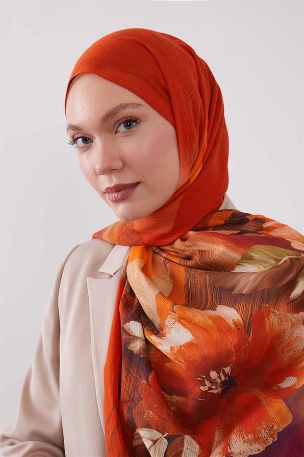 Turuncu Karışık Çiçek Desen Pamuk Şal