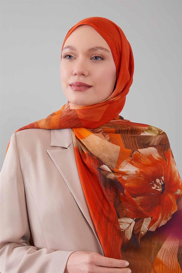 Turuncu Karışık Çiçek Desen Pamuk Şal