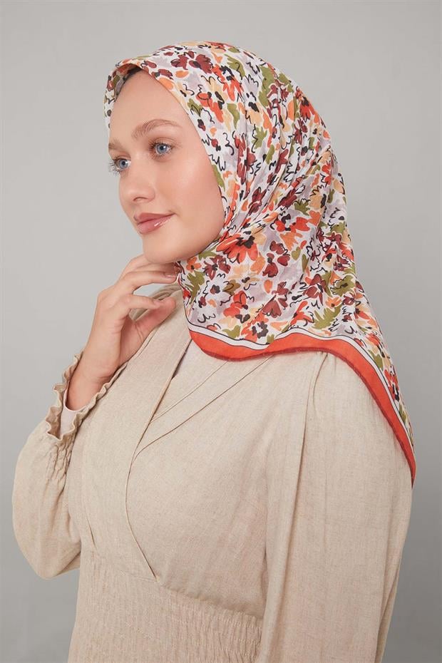 Turuncu Karışık Çiçek Desen Soft Eşarp