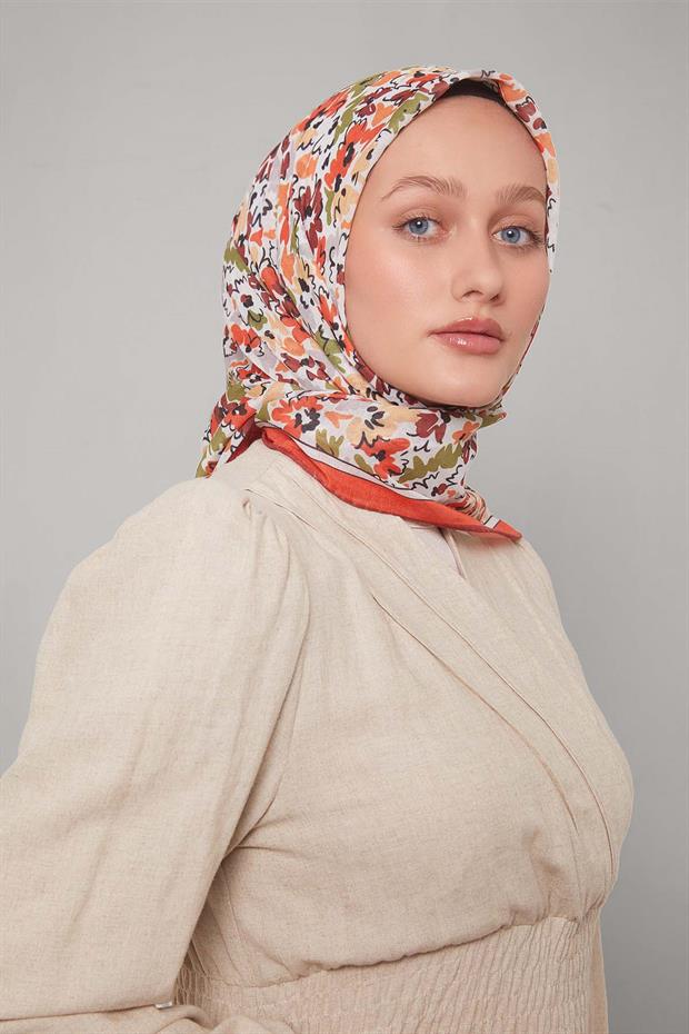 Turuncu Karışık Çiçek Desen Soft Eşarp