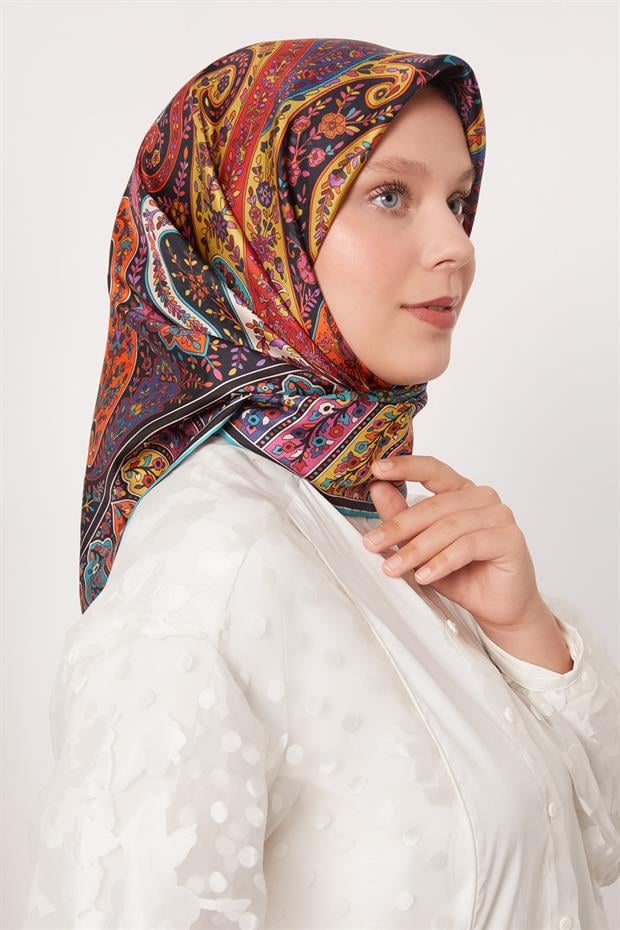 Turuncu Karışık Hint Desen Twill İpek Eşarp