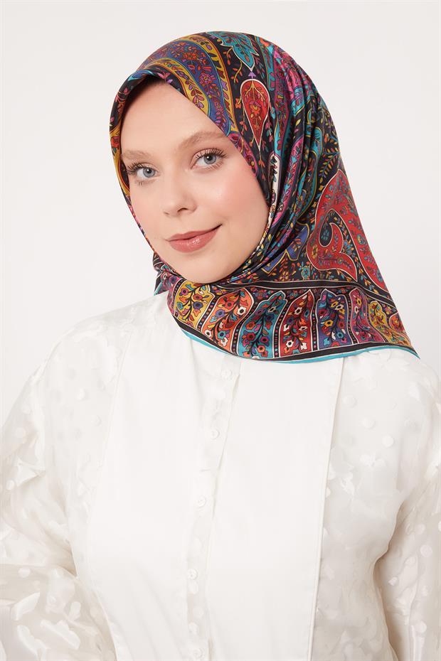 Turuncu Karışık Hint Desen Twill İpek Eşarp