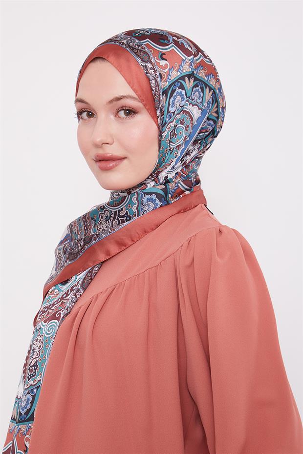 Turuncu Karışık Desenal Hint İpeği Şal