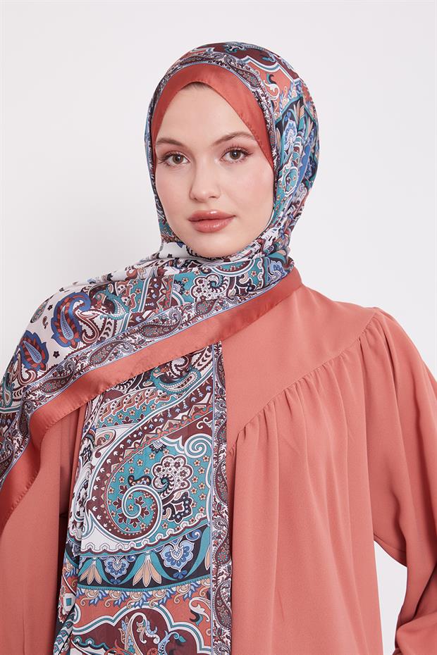 Turuncu Karışık Desenal Hint İpeği Şal