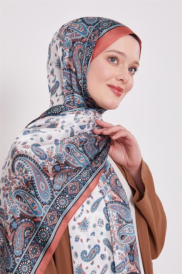 Turuncu Karma Çiçek Hint İpeği Şal