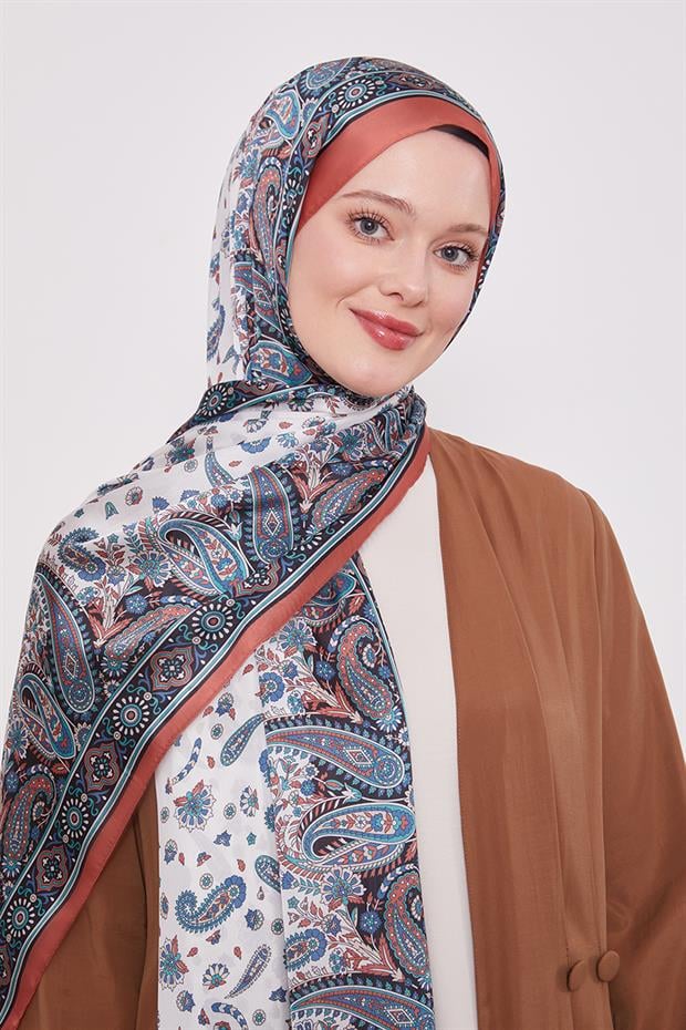 Turuncu Karma Çiçek Hint İpeği Şal