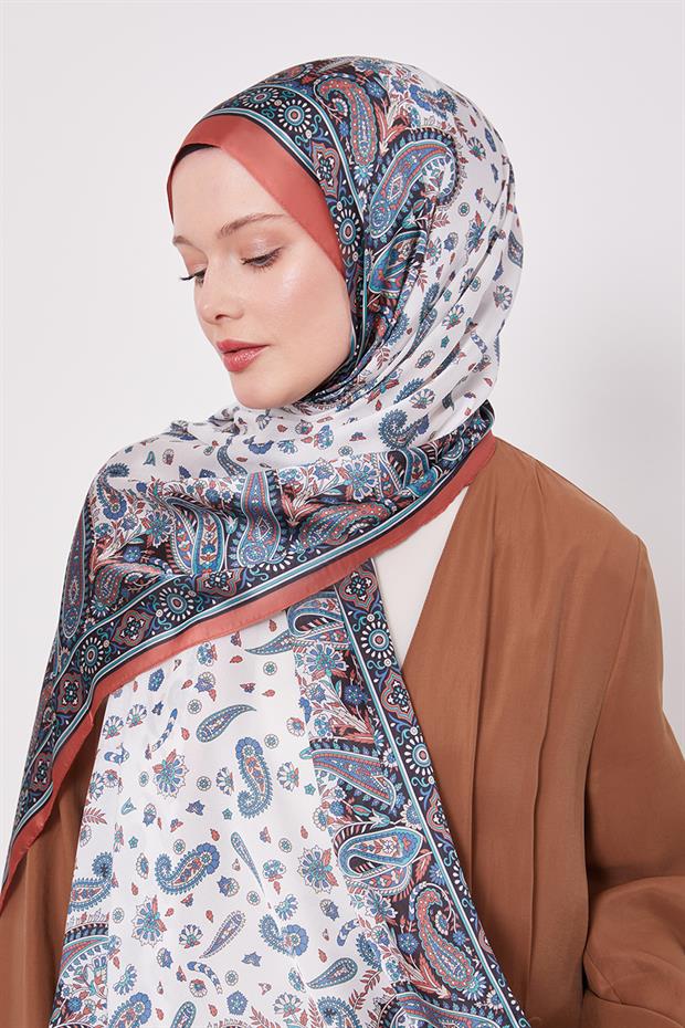 Turuncu Karma Çiçek Hint İpeği Şal