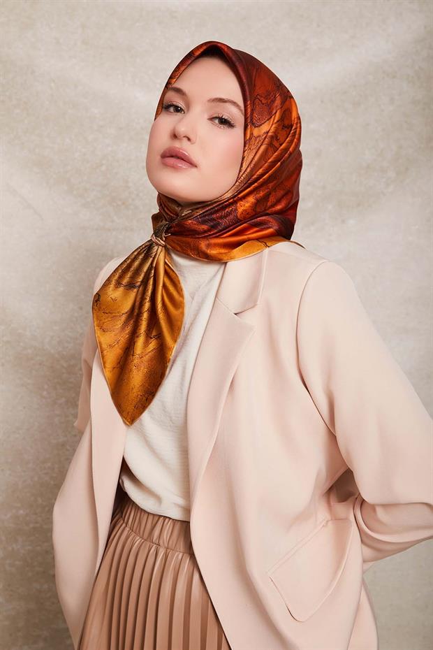 Turuncu Karmaşık Desen Twill İpek Eşarp