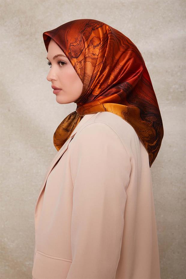 Turuncu Karmaşık Desen Twill İpek Eşarp