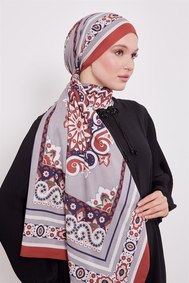 Turuncu Kenar Benek Desen Hint İpeği Şal