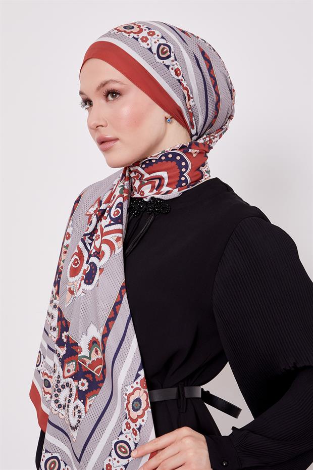 Turuncu Kenar Benek Desen Hint İpeği Şal