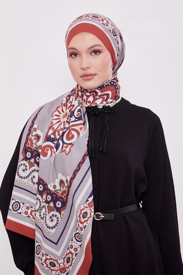 Turuncu Kenar Benek Desen Hint İpeği Şal