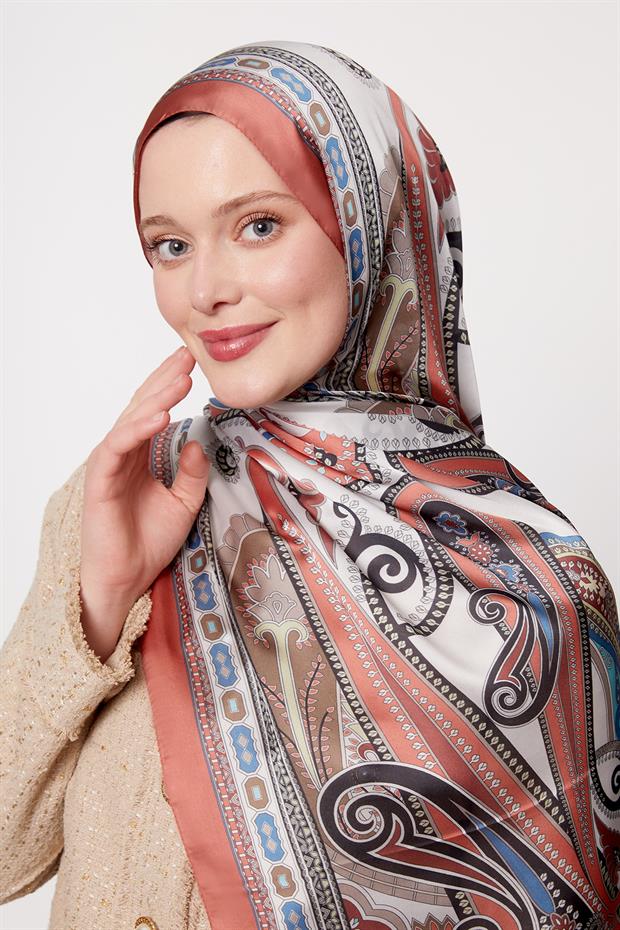 Turuncu Kenar Desen Hint İpeği Şal