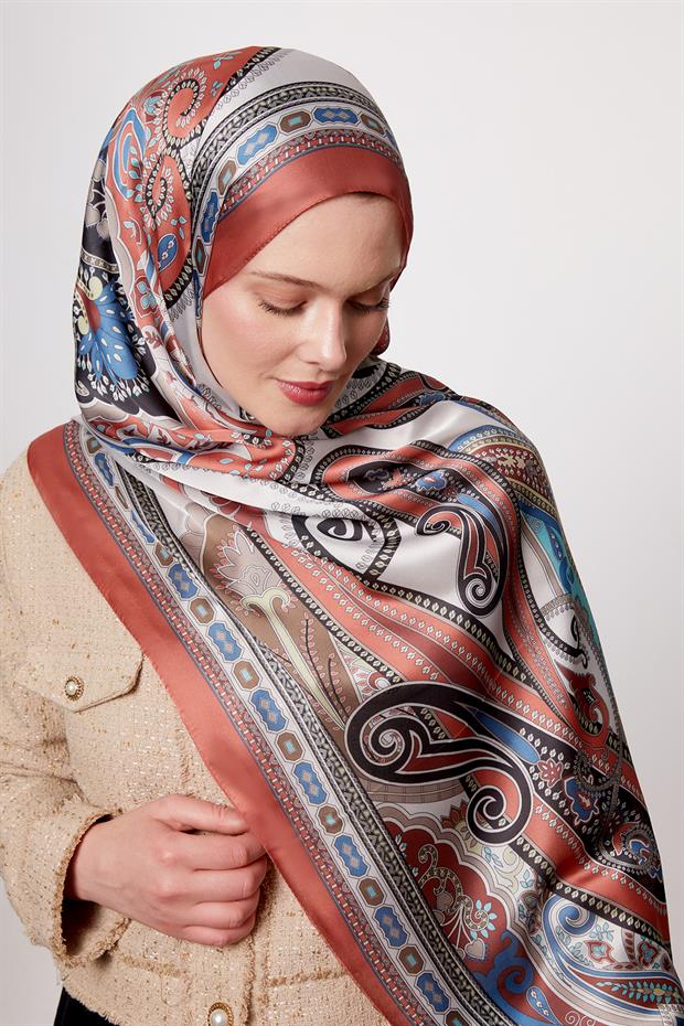 Turuncu Kenar Desen Hint İpeği Şal