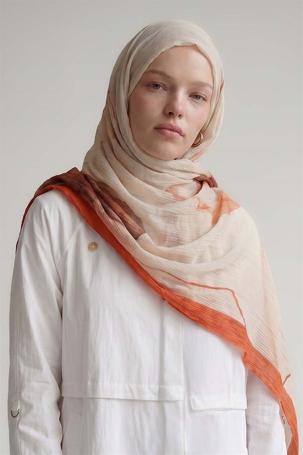 Turuncu Pastel Boya Desen Müslin Şal