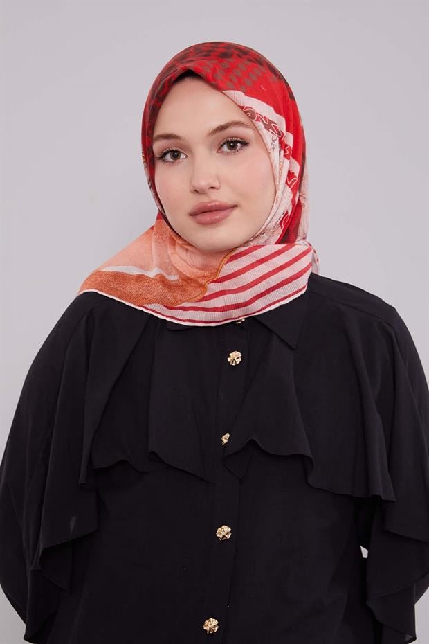 Turuncu Şerit Desen Pamuk Eşarp