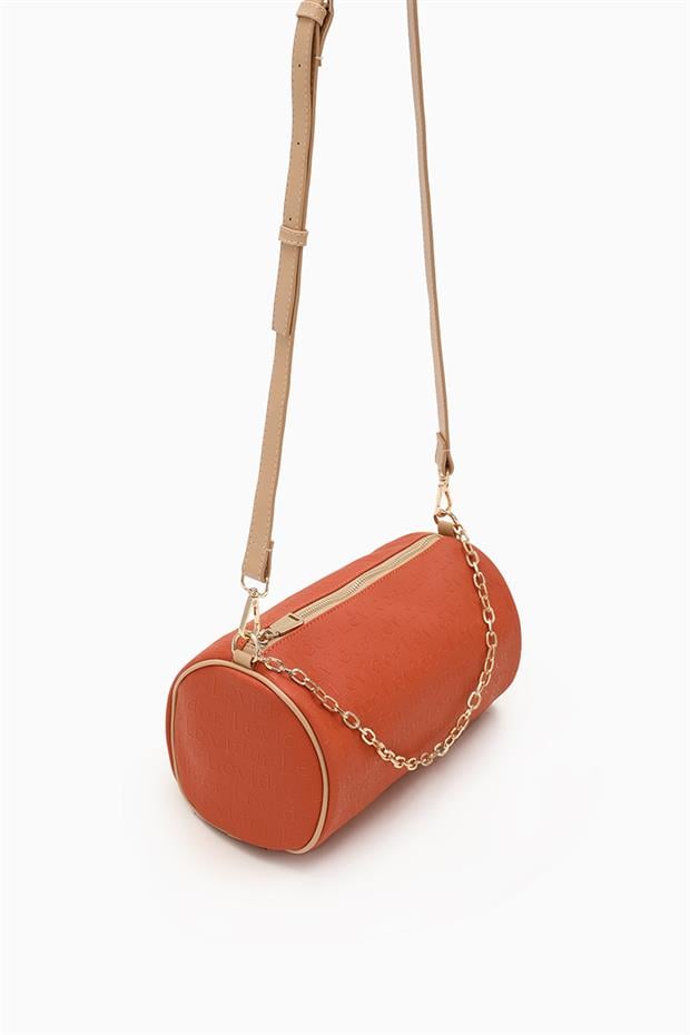 Turuncu Baskılı Silindir Model El Çantası