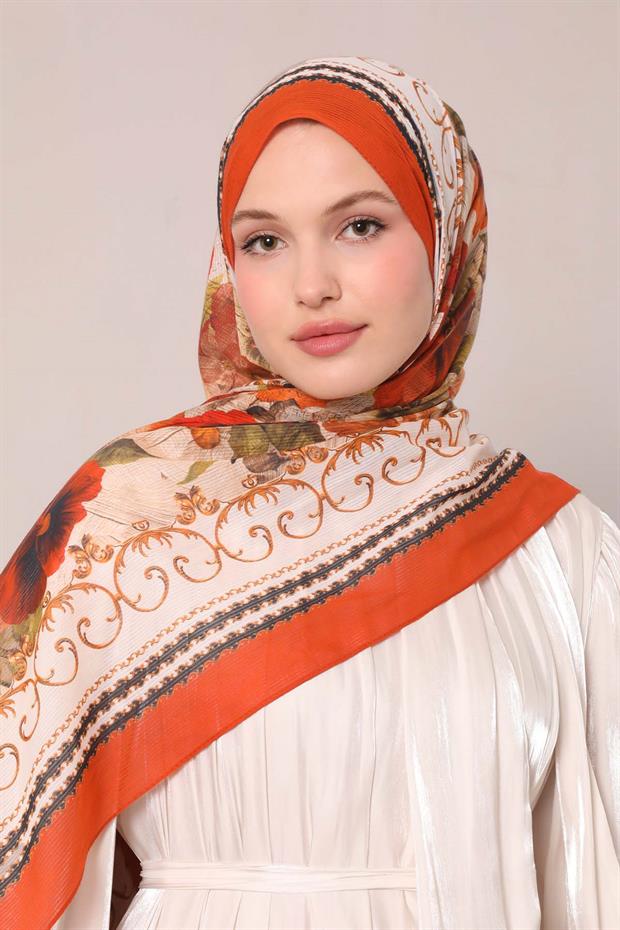 Turuncu Varak Desen Pamuk Şal