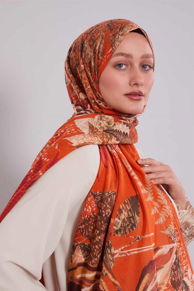 Turuncu Yaprak Desen Pamuk Şal