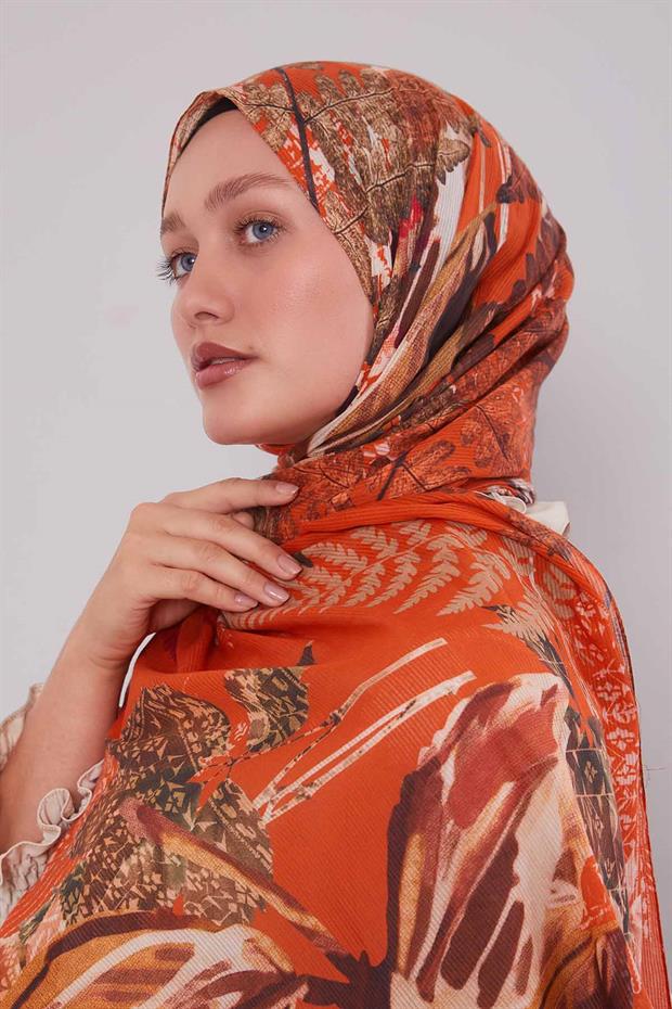 Turuncu Yaprak Desen Pamuk Şal