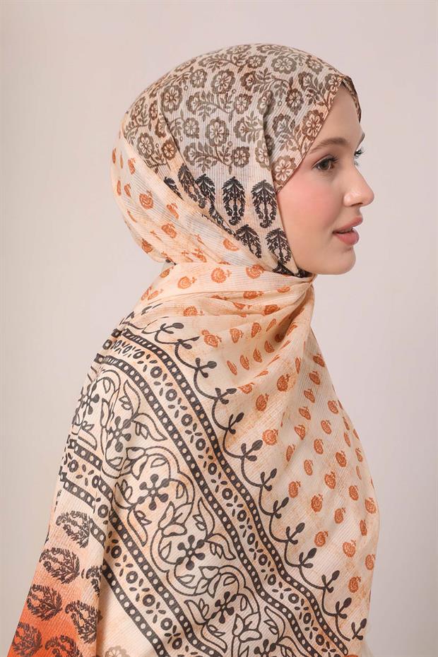 Turuncu Yaprak Desen Pamuk Şal