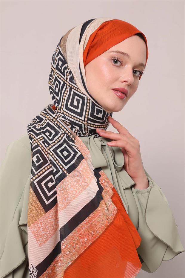 Turuncu Yıldız Desen Pamuk Şal