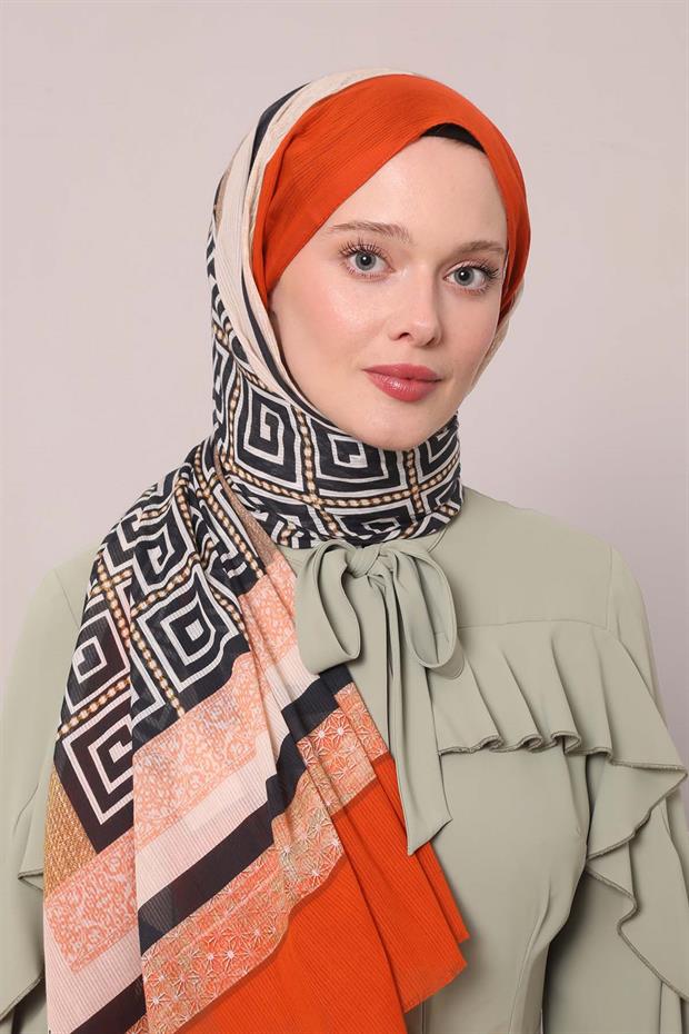 Turuncu Yıldız Desen Pamuk Şal