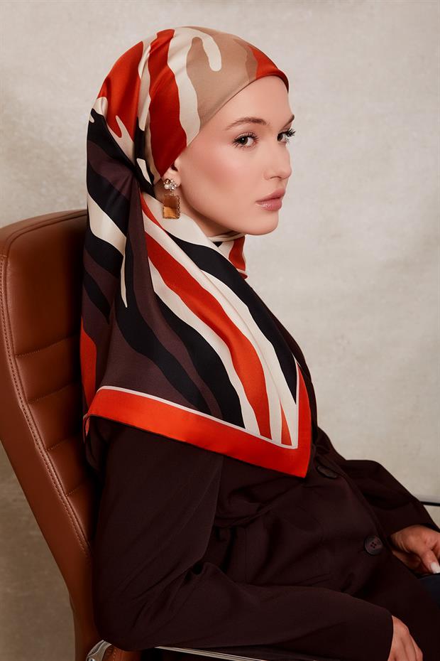 Turuncu Zebra Desen Twill İpek Eşarp