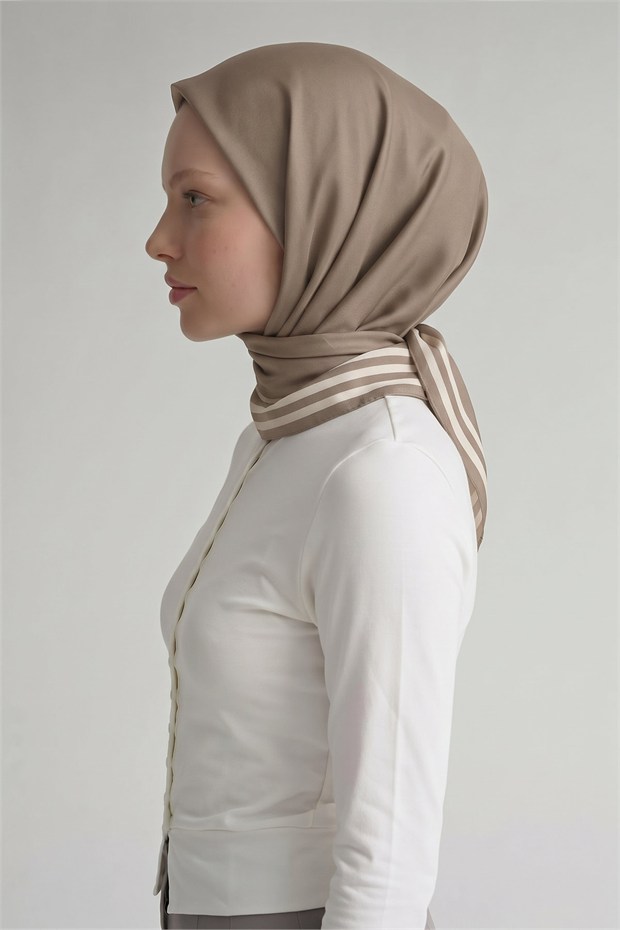 Üç Çizgi Detaylı Twill İpek Eşarp Koyu Vizon