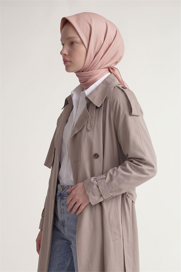 Üç Çizgi Detaylı Twill İpek Eşarp Somon