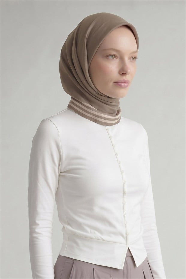 Üç Çizgi Detaylı Twill İpek Eşarp Koyu Vizon