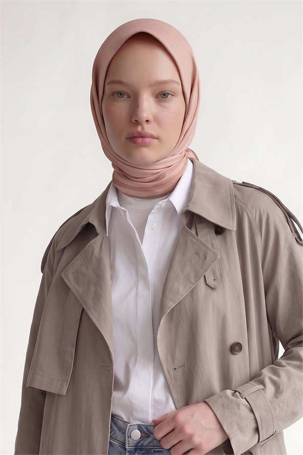 Üç Çizgi Detaylı Twill İpek Eşarp Somon