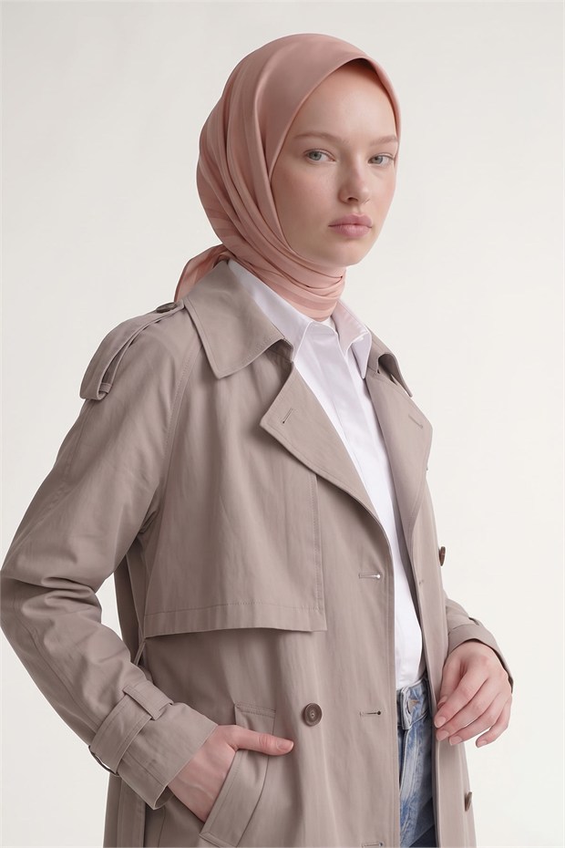 Üç Çizgi Detaylı Twill İpek Eşarp Somon
