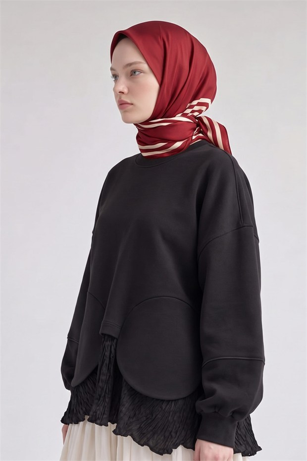 Üç Çizgi Detaylı Twill İpek Eşarp Kırmızı