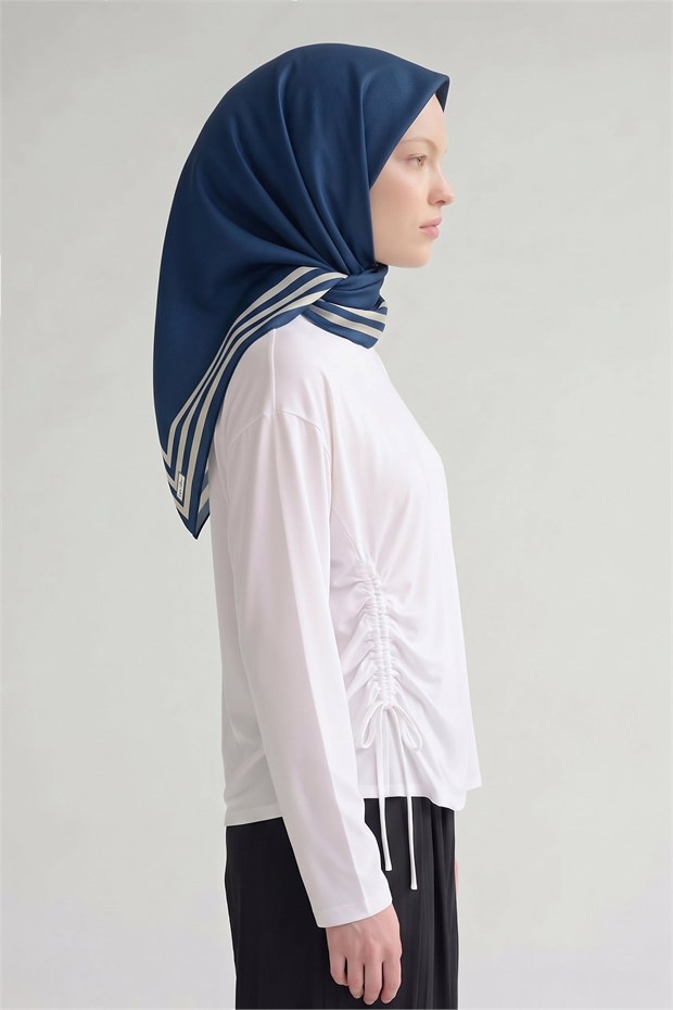 Üç Çizgi Detaylı Twill İpek Eşarp Saks