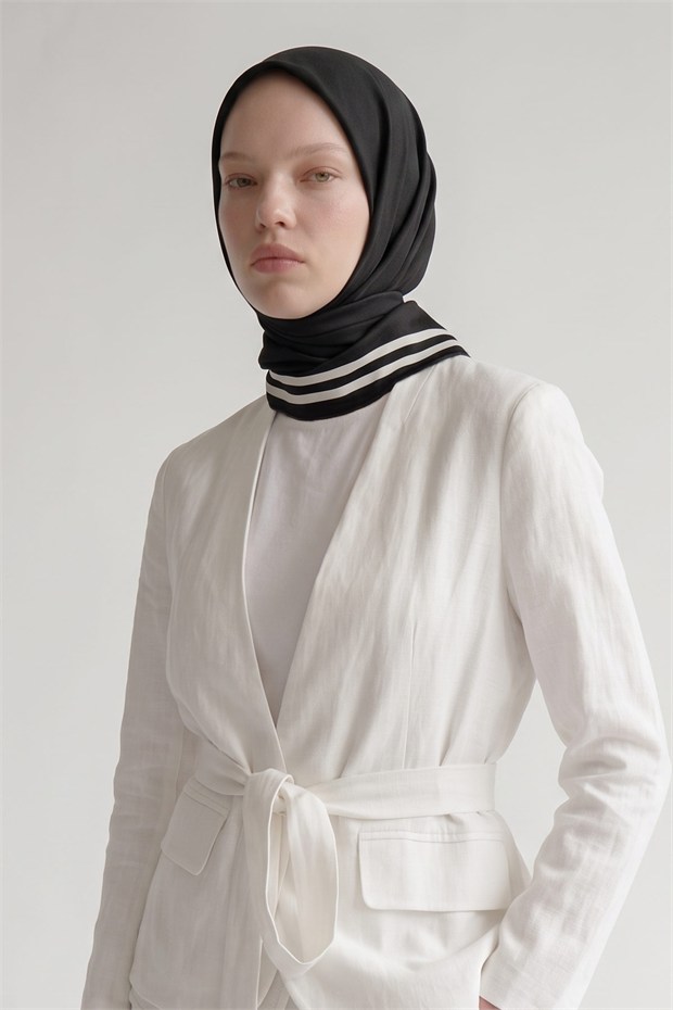 Üç Çizgi Detaylı Twill İpek Eşarp Siyah