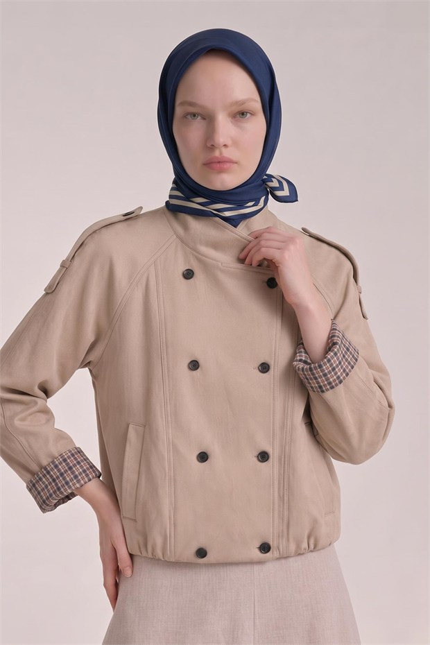 Üç Çizgi Detaylı Twill İpek Eşarp Mavi