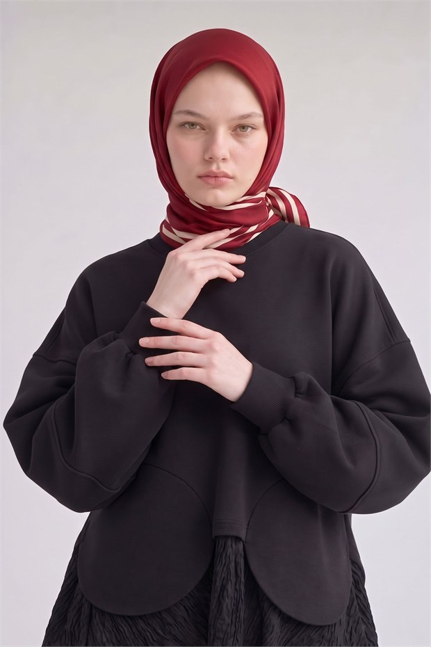 Üç Çizgi Detaylı Twill İpek Eşarp Kırmızı